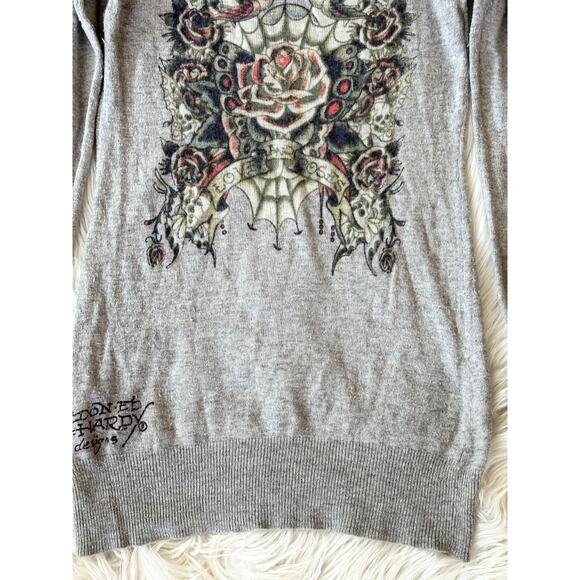 Ed Hardy Vintage Y2K Sweater by Christian Audigier Flower Bird Skull Tattoo Gray - Picture 8 of 13